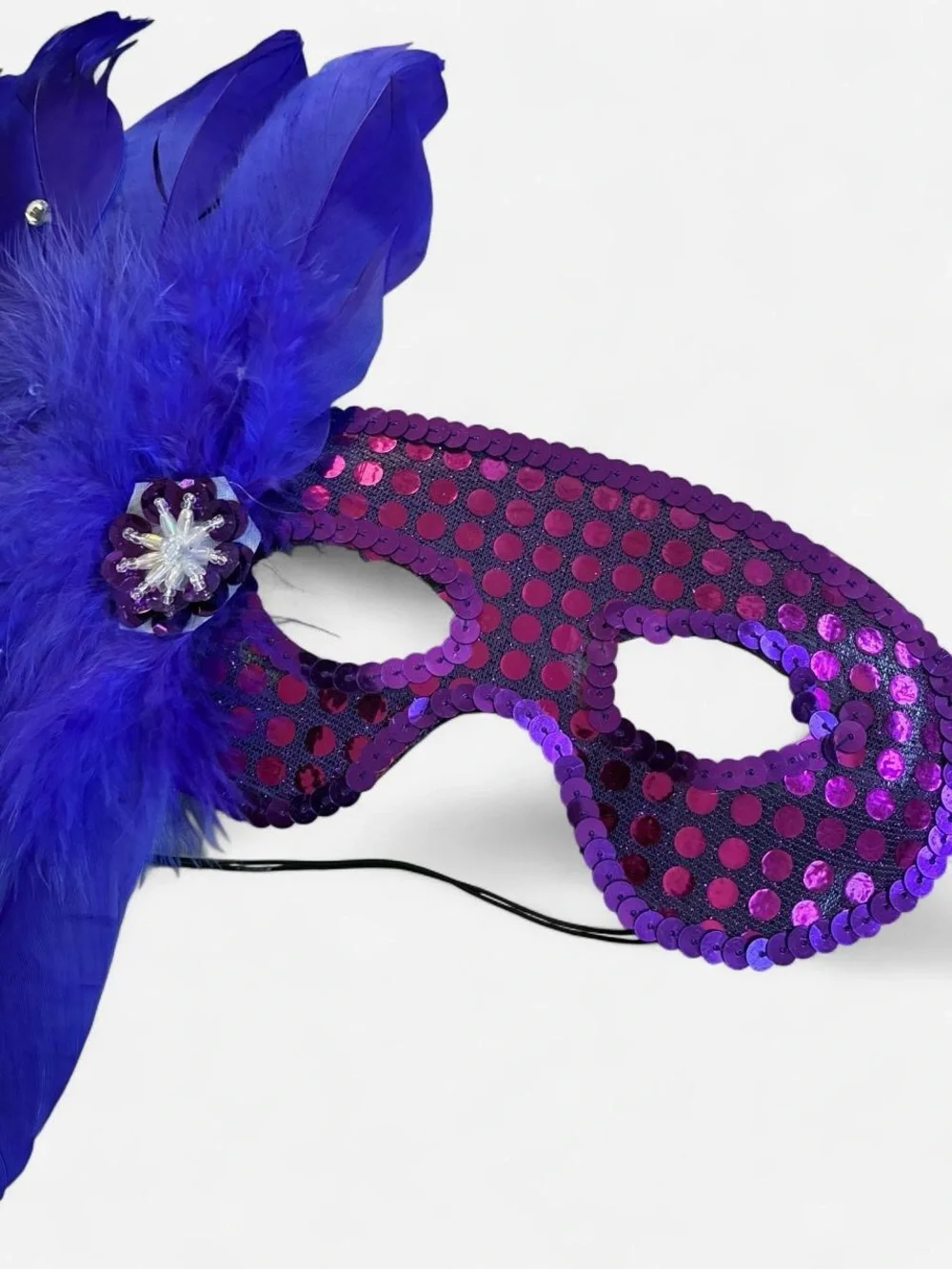 Purple Sequin Rhinestone Feather Mardi Gras Mask